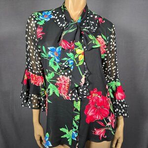 Vintage joseph ribkoff Black Floral polka Dot Ruffled Bow Tie Blouse Size 12